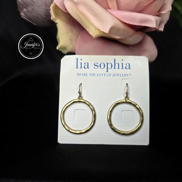 Lia Sophia NEW Matte Gold Tone Hammered Circle Dangle Earrings - Picture 1 of 10